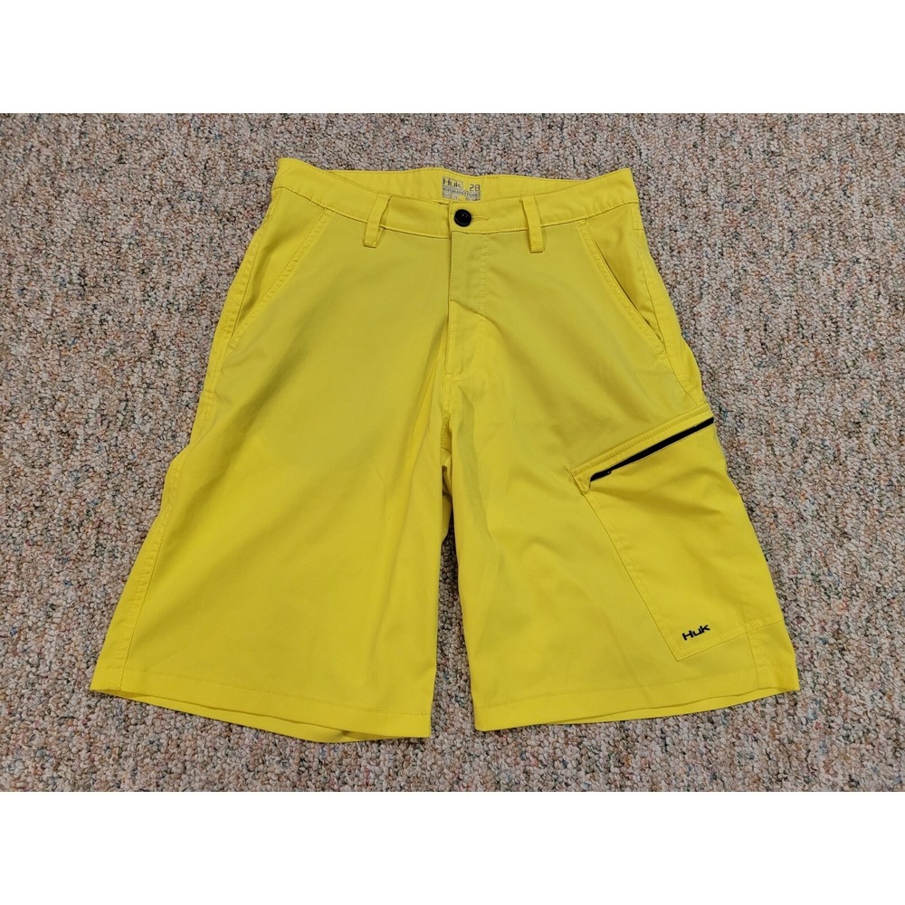 Huk Shorts Mens 28 Yellow Cargo Zip Pockets Performance Outdoors Fishing Hiking